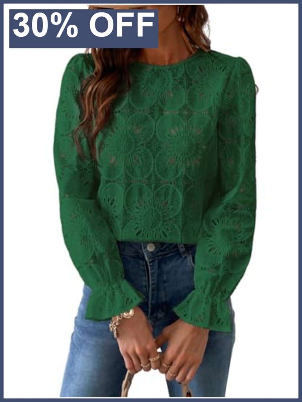 CUPSHE Women's Lace Eyelet Puff Sleeve Blouse Sheer Floral Crochet Top